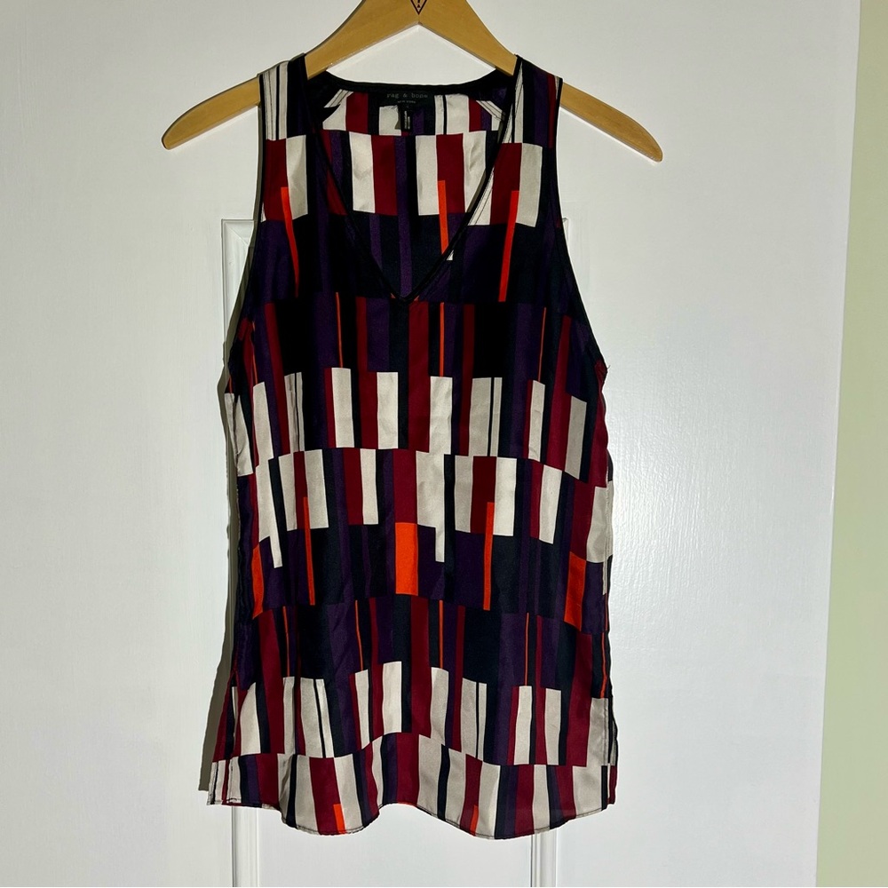 rag & bone Geometric Stripe Silk Tank Top in Navy, Burgundy, Cream